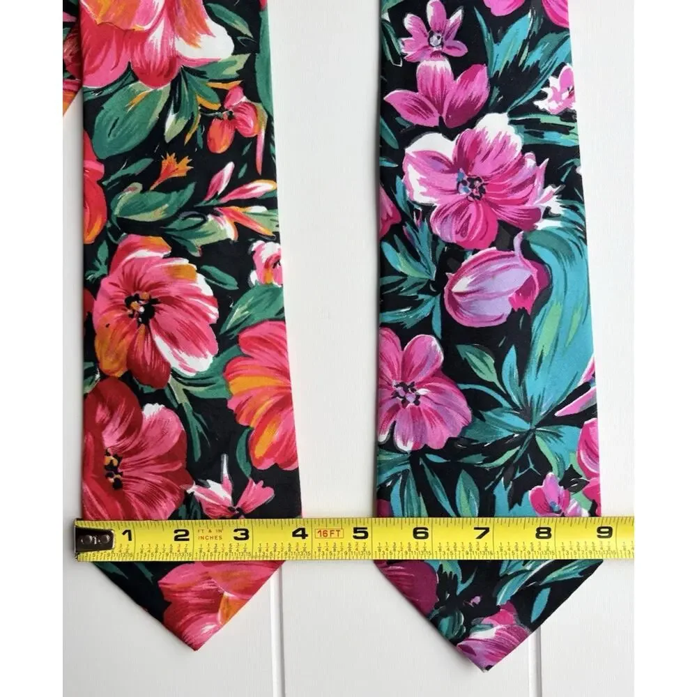 Vintage Rooster Tropical Floral Cotton Tie Lot of 2 USA 100% Cotton 54.5